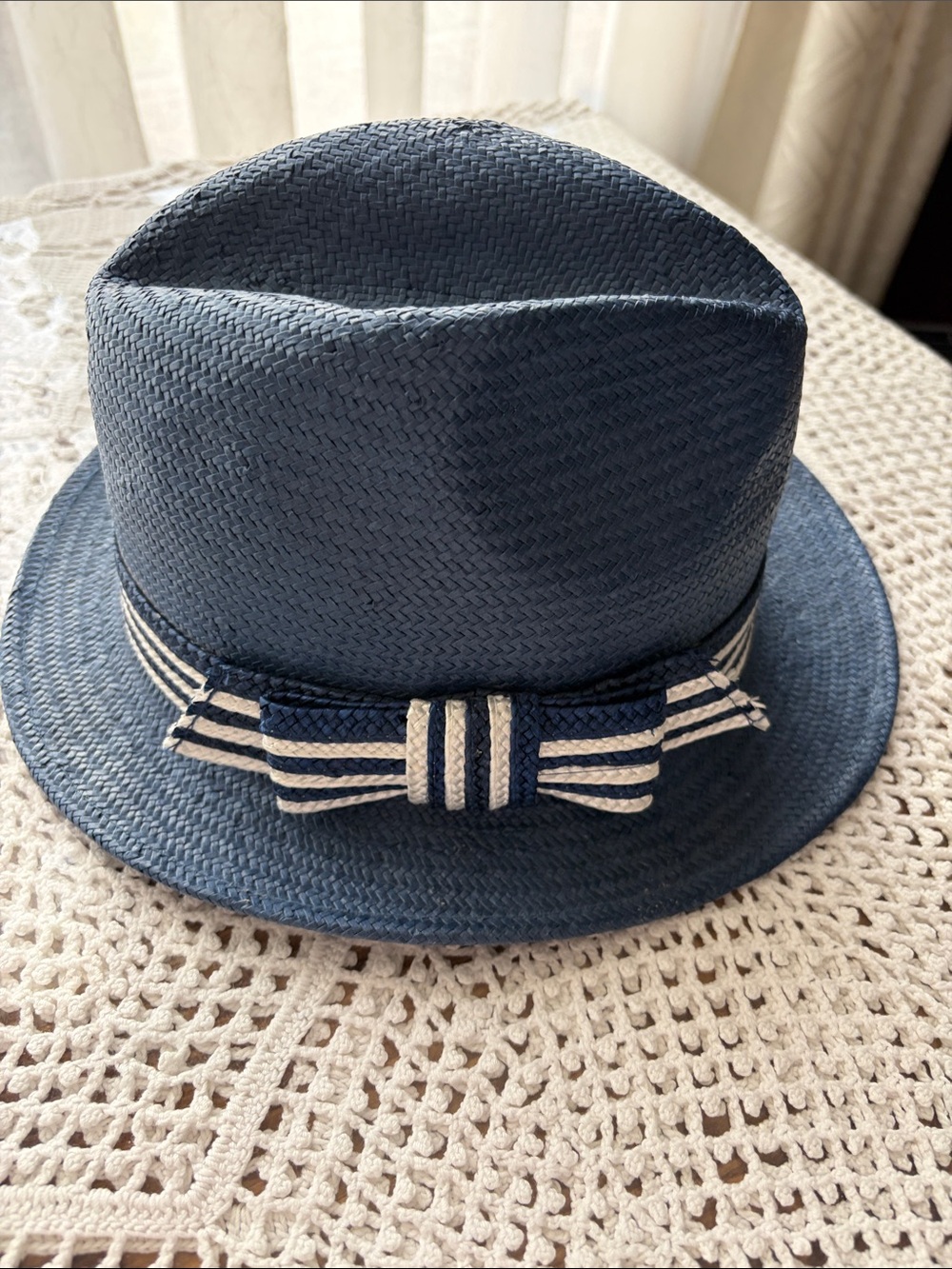 kate spade Navy Straw Fedora with navy trim